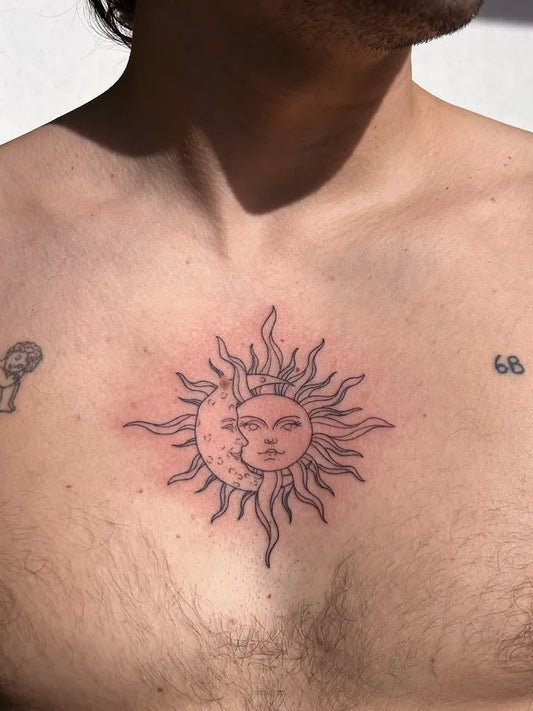 Small Fine Line Sun and Moon on Men Chest Tattoo by @sienna_ttt