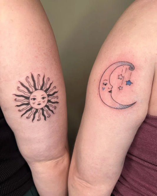 Small Fine Line Sun and Moon on Women Arm Tattoo by @folkandfernink