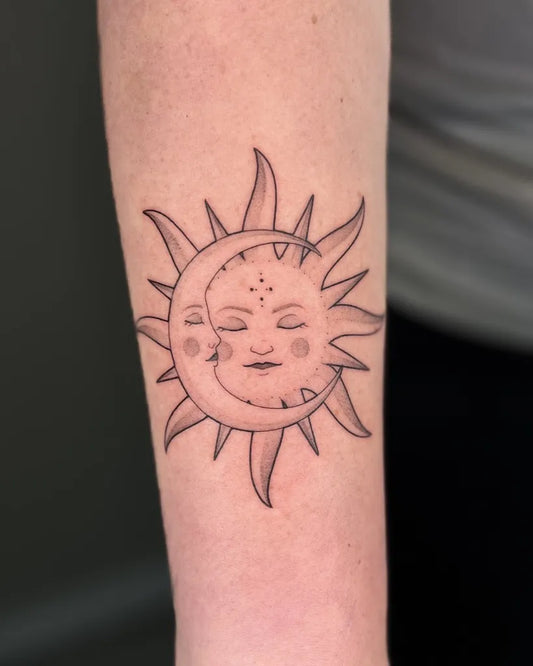 Small Fine Line Sun and Moon on Women Arm Tattoo by @heidikayetattoo
