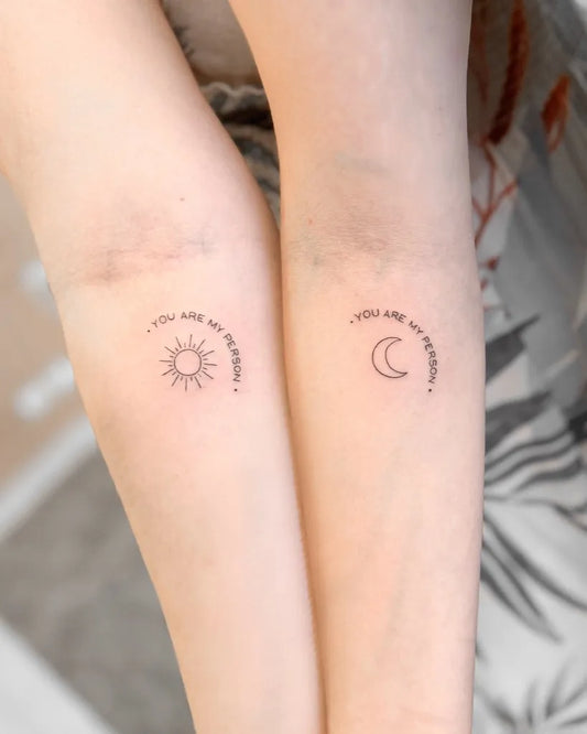 Small Fine Line Sun and Moon with Text on Women Arm Tattoo by @dudasevtattoo
