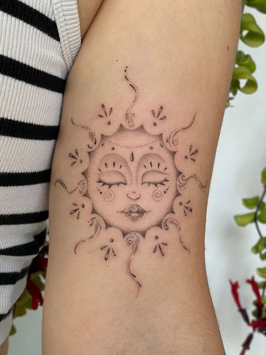 Small Fine Line Sun with Face on Women Arm Tattoo by @duwi.tatt.o_os