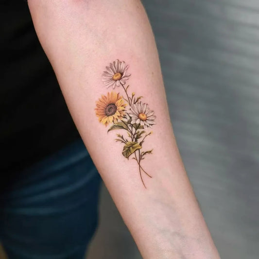 Small Fine Line Sunflower Daisies on Women Arm Tattoo by @inkparktattoo_kop
