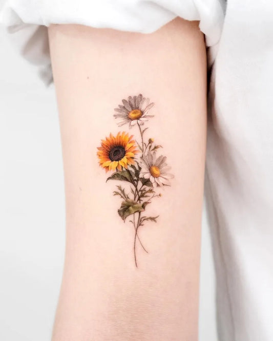 Small Fine Line Sunflower and Daisies on Women Arm Tattoo by @donghwa_tattoo