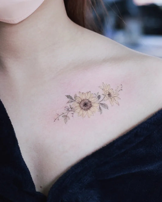 Small Fine Line Sunflower and Flowers on Women Shoulder Tattoo by @matt_tattooist