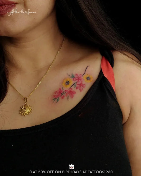 Small Fine Line Sunflower and Pink Flowers Tattoo on Women Collarbone by @tattoos1960