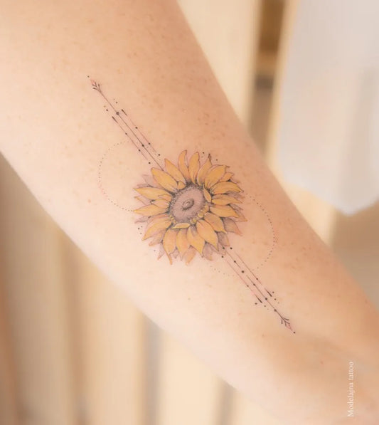 Small Fine Line Sunflower with Dots and Lines on Women Arm Tattoo by @modelajna