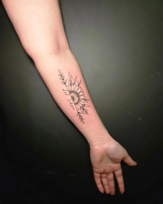 Small Fine Line Sunflower with Let Them on Women Arm Tattoo by @kayla.jade.art