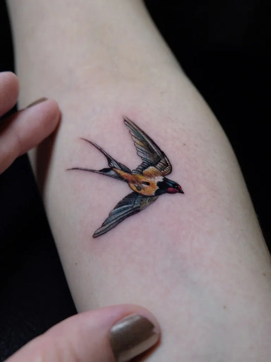 Small Fine Line Swallow Tattoo on Women Forearm by @sulecebe_tattooer