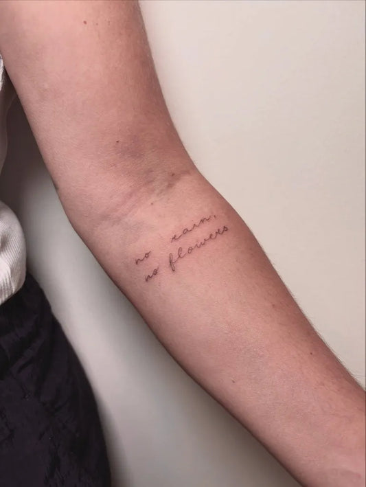Small Fine Line Text Quote Tattoo on Women Arm by @dots.jess