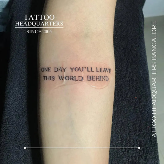 Small Fine Line Text Quote Tattoo on Women Forearm by @tattoo_headquarters