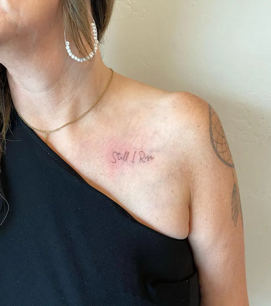 Small Fine Line Text Quote Tattoo on Women Shoulder by @_lux_aesthetics