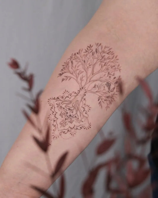 Small Fine Line Tree and Mandala Tattoo on Women Arm by @mytherapytattoo