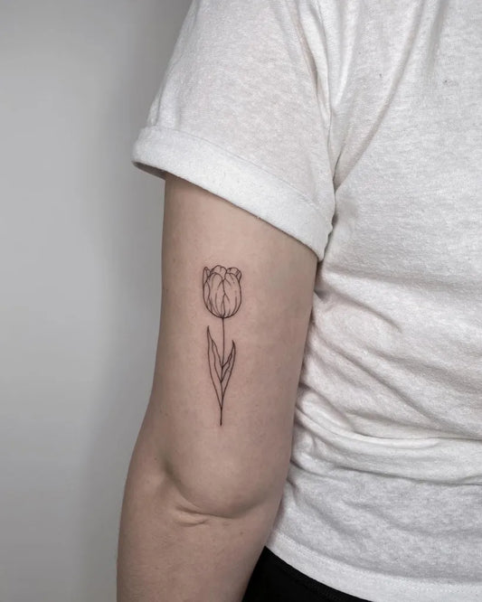 Small Fine Line Tulip Tattoo on Women Arm by @dr.kate.tattoo