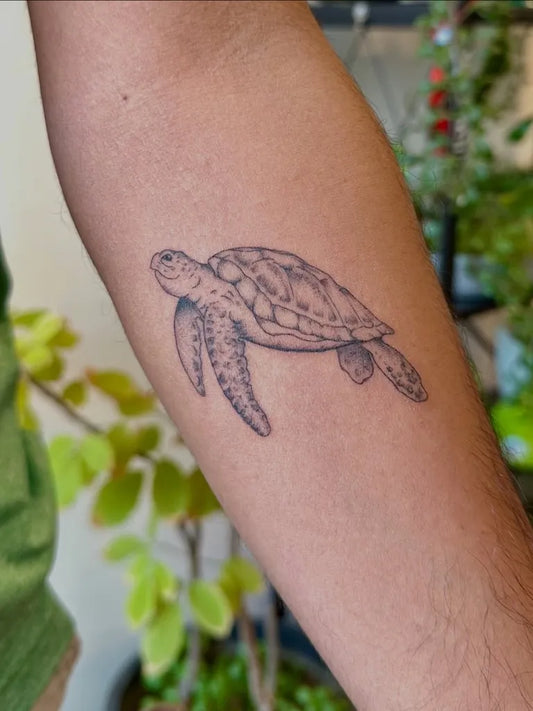 Small Fine Line Turtle Tattoo on Men Arm by @inkd.by_c