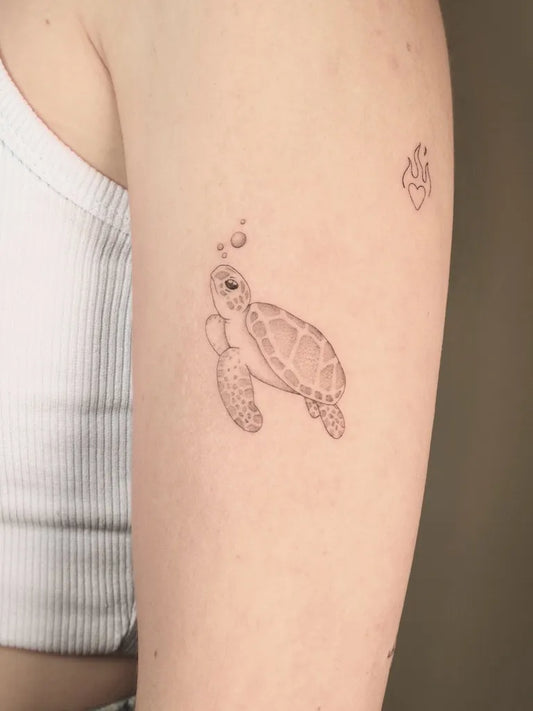 Small Fine Line Turtle Tattoo on Women Arm by @mmgtattoo