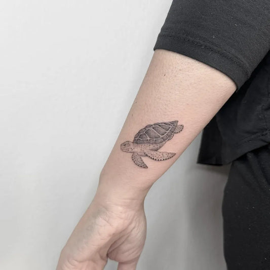 Small Fine Line Turtle Tattoo on Women Forearm by @casa_bigotta