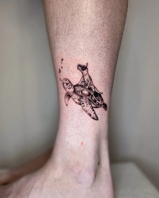 Small Fine Line Turtle and Dog Tattoo on Women Ankle by @yantinotattoo_ubud