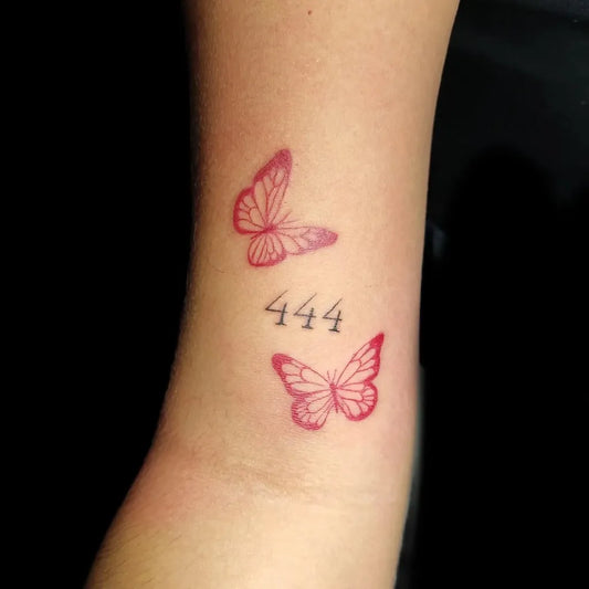 Small Fine Line Two Butterflies and 444 on Women Arm Tattoo by @kenex_tattoo