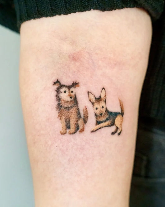 Small Fine Line Two Dogs Tattoo on Women Arm by @woorin.tt