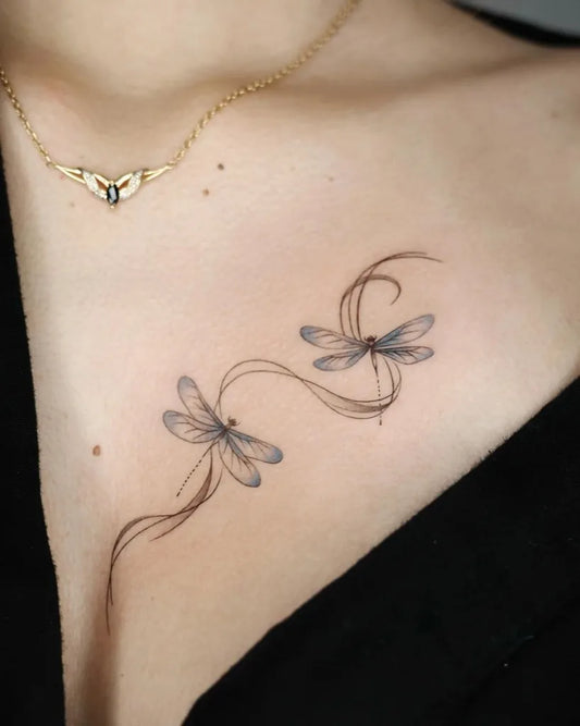 Small Fine Line Two Dragonflies on Women Shoulder Tattoo by @layb.tt