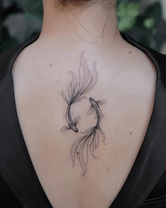 Small Fine Line Two Koi Fish Tattoo on Women Back by @nastyafox