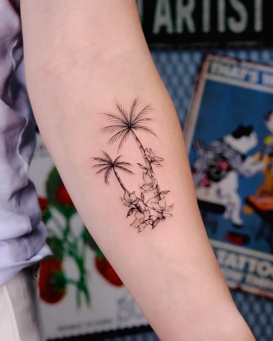 Small Fine Line Two Palm Trees Tattoo on Women Arm by @eunlee_tattoo