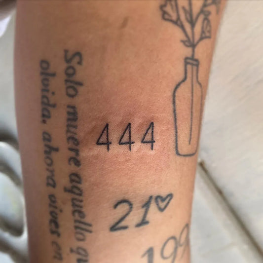 Small Fine Line Vase with Leaf 444 Numbers Heart on Women Arm Tattoo by @karinawucci