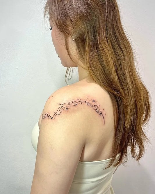 Small Fine Line Wave and Stars Tattoo on Women Shoulder by @wooyootattoo