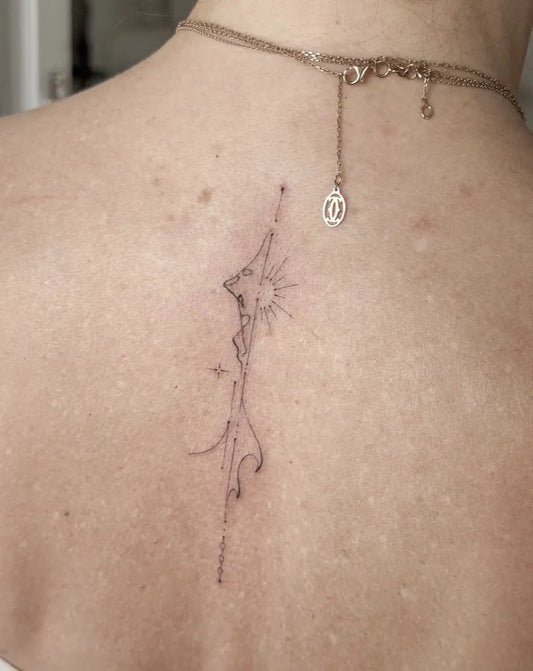 Small Fine Line Wave and Sun Tattoo on Women Back by @torocsik_daniel