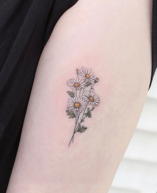 Small Fine Line White Daisy Bunch Tattoo on Women Arm by @tattooist_greem