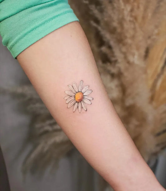 Small Fine Line White Daisy Tattoo on Women Arm by @do.artink