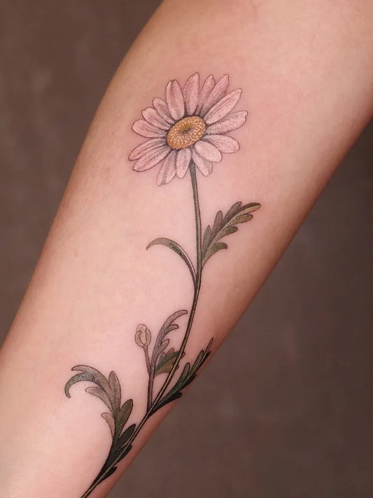 Small Fine Line White Daisy Tattoo on Women Forearm by @justiceink_taipei