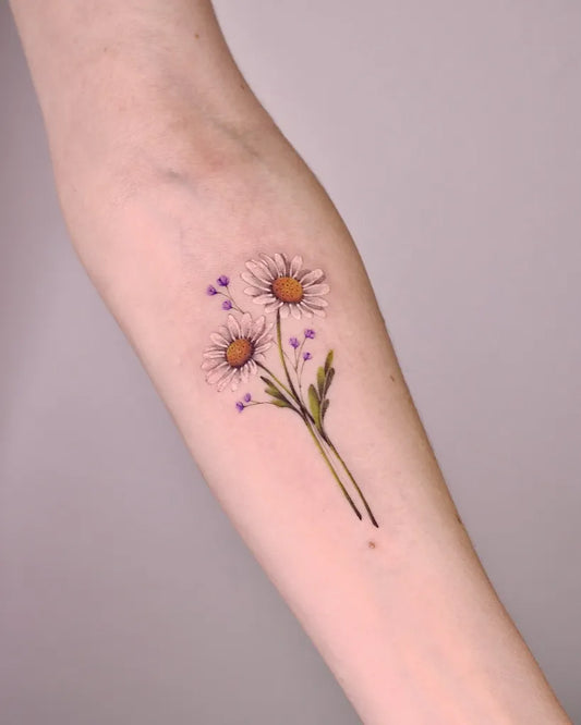 Small Fine Line White Daisy and Lavender Tattoo on Women Arm by @maiko.only