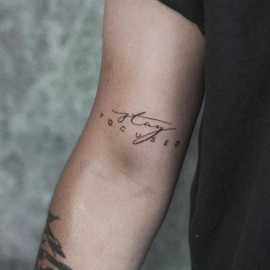 Small Fine Line Word Quote Tattoo on Women Forearm by @simple_tattoo_ideas