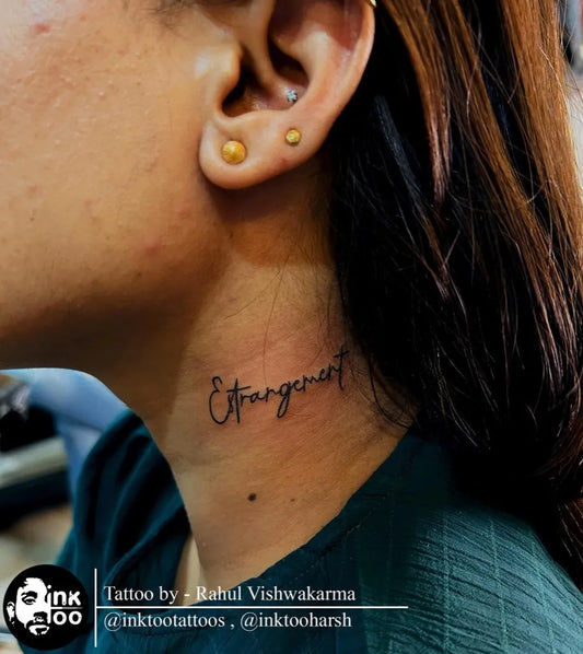 Small Fine Line Word Quote Tattoo on Women Neck by @motherskintattoos