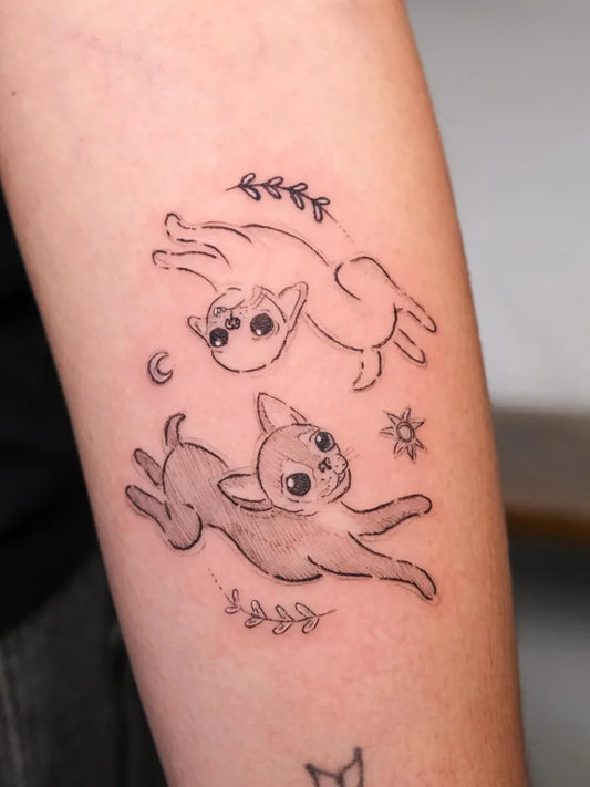 Small Fine Line Yin Yang Dogs Tattoo on Women Arm by @elhombrequehacetatuajes