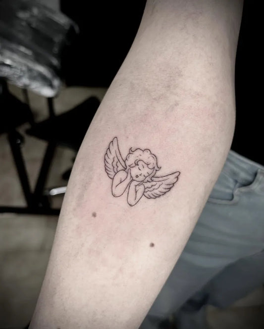 Small FineLine Angel on Women Arm Tattoo by @martinariccitattoo