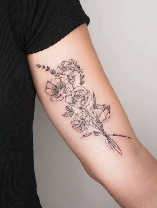 Small FineLine Bouquet of Poppies Roses and Daisies on Women Arm Flower Tattoo by @tory_tattooer