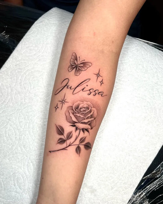Small FineLine Butterfly Rose Julissa on Women Arm Tattoo by @steven_lowrider
