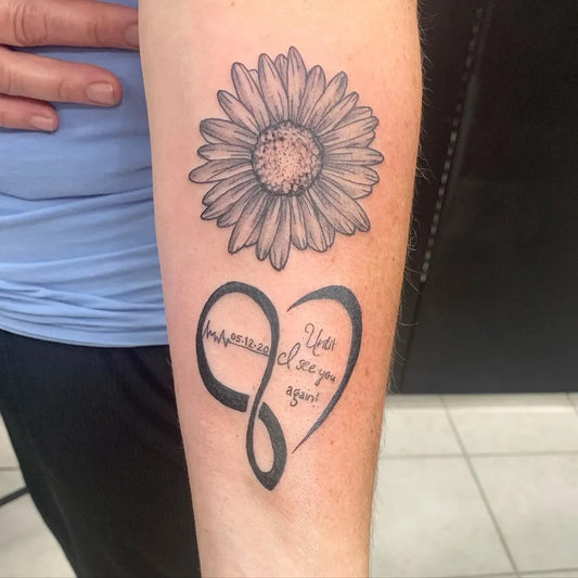 Small FineLine DaisyInfinityHeart on Women Arm Tattoo by @ditrtattoosandpiercings