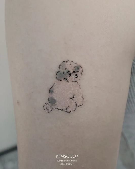 Small FineLine Dog Tattoo on Women Arm by @kensodot