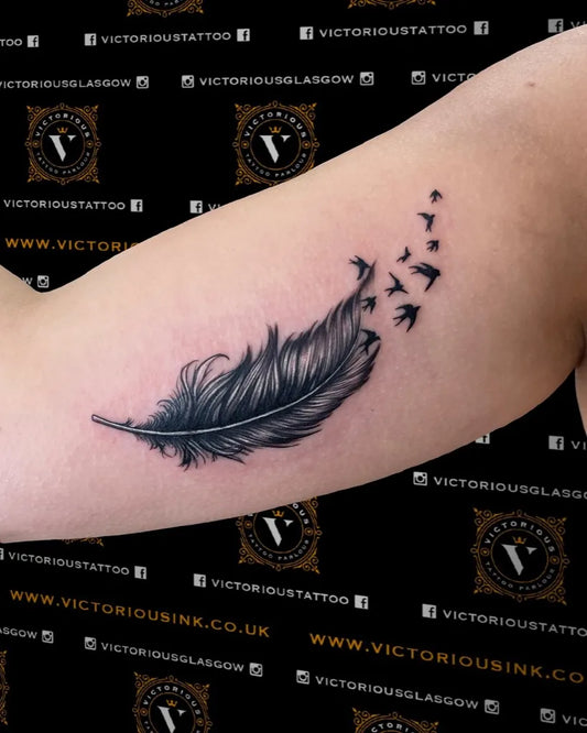 Small FineLine Feather Tattoo on Women Arm by @victorioustattoosglasgow