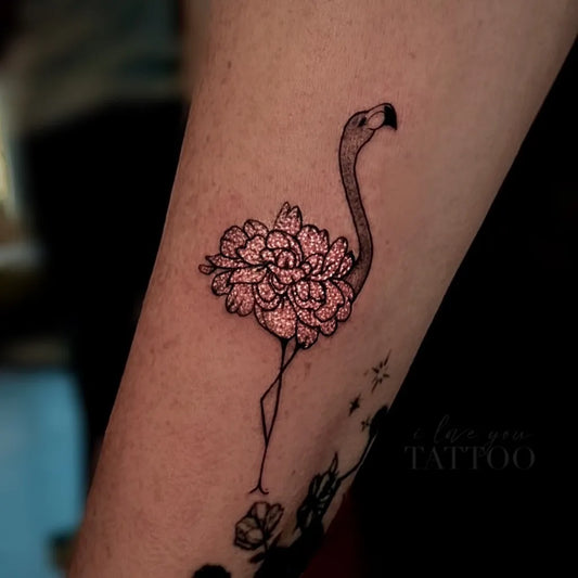 Small FineLine Flamingo with Flowers Tattoo on Women Arm by @iloveyoutattoo_