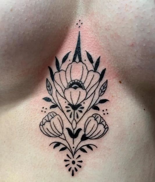 Small FineLine FloralDesign on Women Sternum Tattoo by @cressonstreettattoo