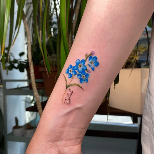 Small FineLine Forget Me Not Flowers and Name on Women Wrist Flower Tattoo by @nokart.ink