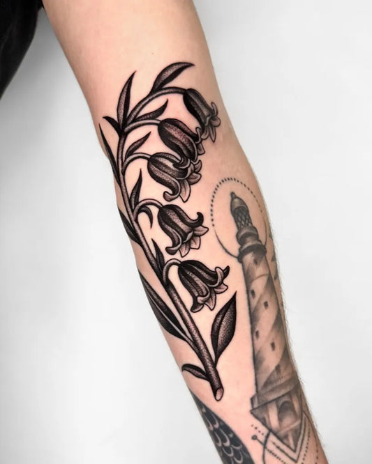 Small FineLine FoxgloveLighthouse on Women Forearm Tattoo by @jae_tatt