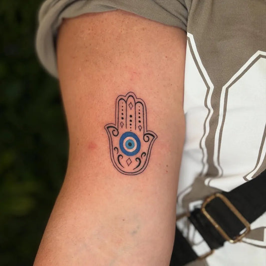 Small FineLine Hamsa Evil Eye on Women Arm Tattoo by @t1tsfortats