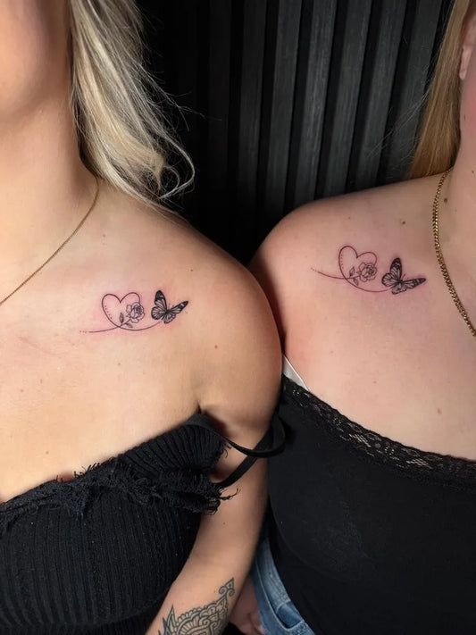 Small FineLine HeartButterfly on Friends on Shoulder Matching Tattoo by @paintinktattoos