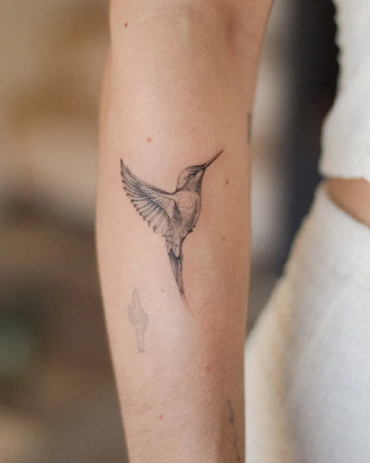 Small FineLine Hummingbird on Women Arm Tattoo by @dianagraytattoo
