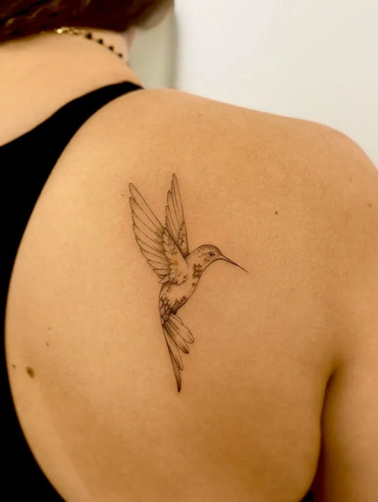 Small FineLine Hummingbird on Women Shoulder Tattoo by @paynelessbeautytn